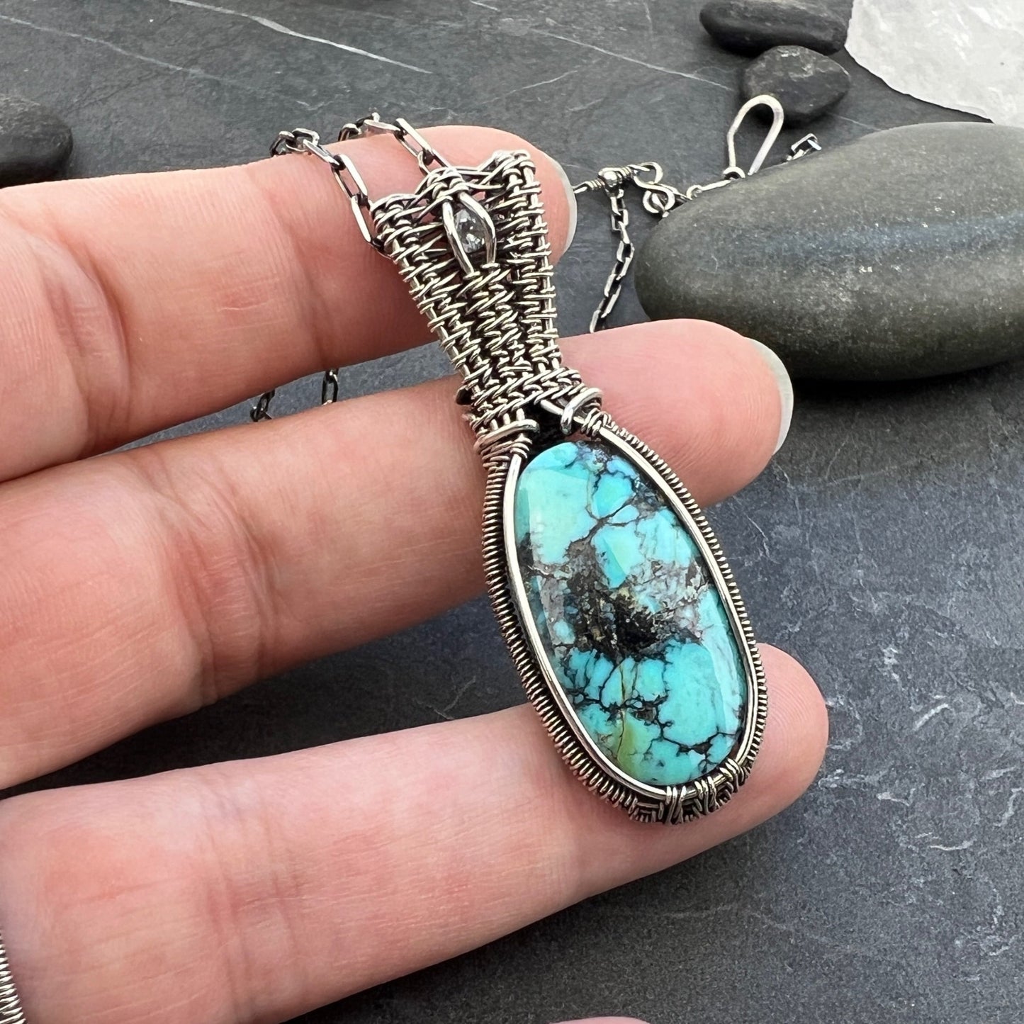 Silver Turquoise Pendant - Sterling Silver and Aquamarine Necklace
