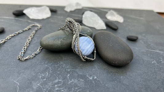 Large Blue Lace Agate Pendant - Sterling Silver