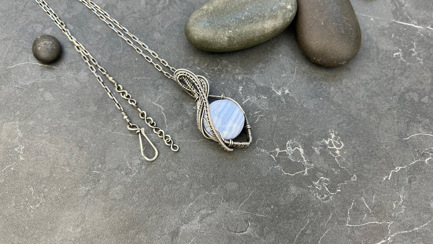 Large Blue Lace Agate Pendant - Sterling Silver