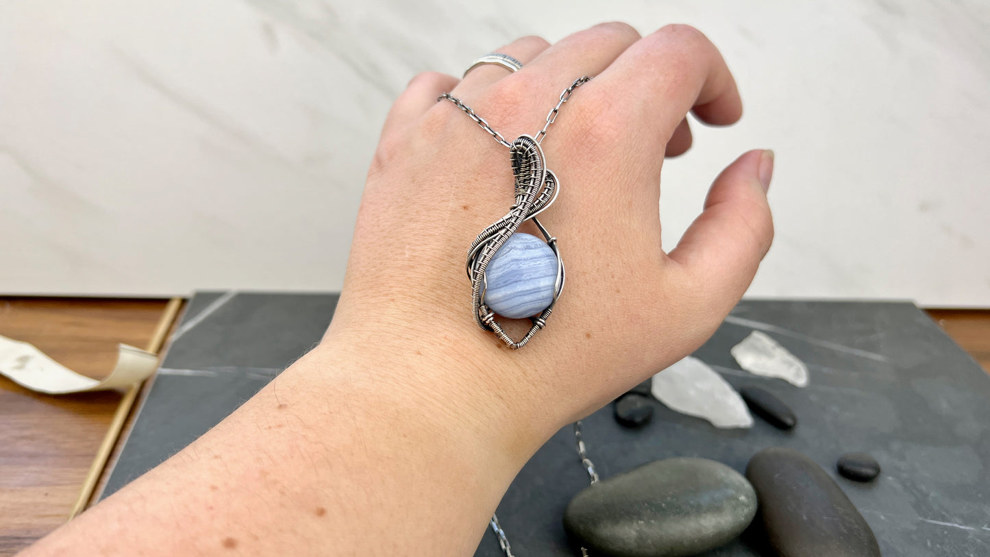 Large Blue Lace Agate Pendant - Sterling Silver