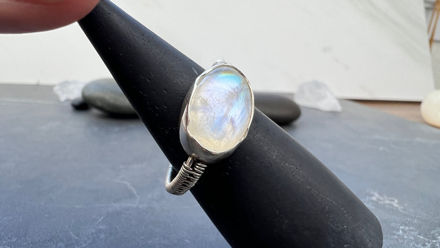 Oval Moonstone Sterling Silver Ring with Woven Band US8